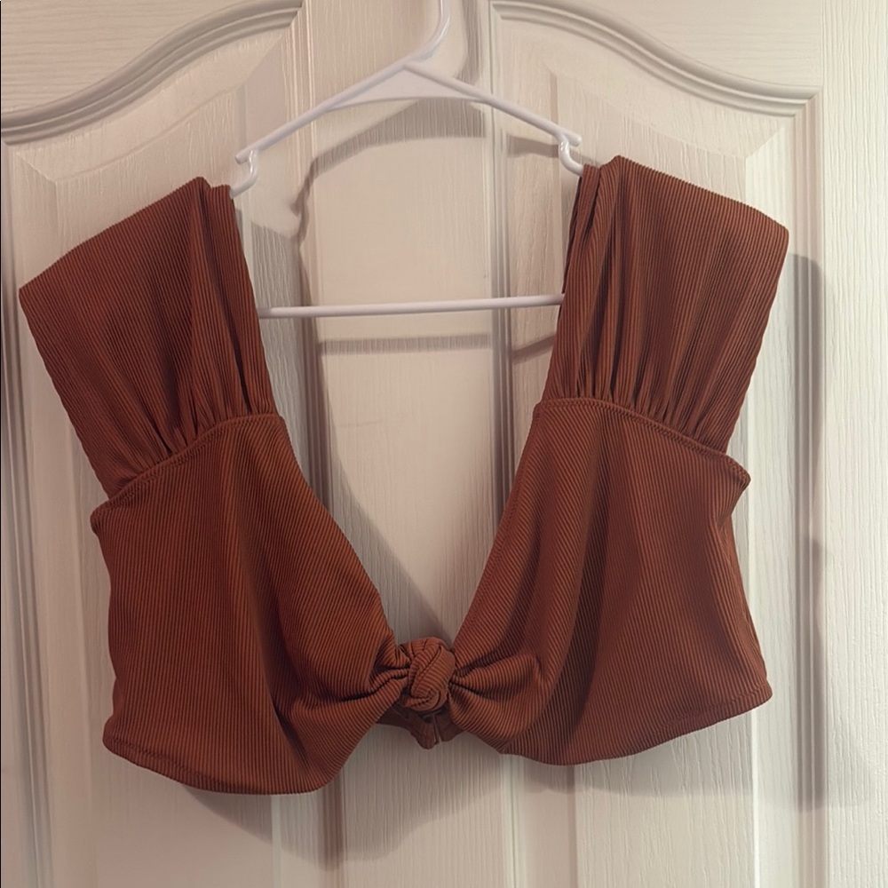 Aerie Orange Red Tie Front Ruched Backless Bikini Top